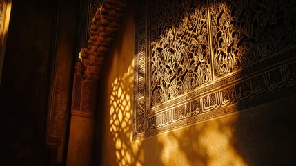 Aufkleber - Intricate wall design illuminated by soft light, highlighting architectural beauty.