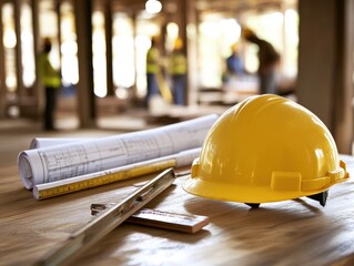 Aufkleber - A construction site with a yellow hard hat, blueprints, and measuring tools on a wooden table.