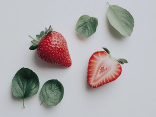 Poster - A fresh strawberry and its sliced half surrounded by green leaves on a light background.