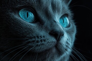 Poster - Close-up of a cat's face with striking blue eyes against a dark background.