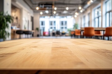 Aufkleber - A modern workspace with a wooden table and a bright, open atmosphere.