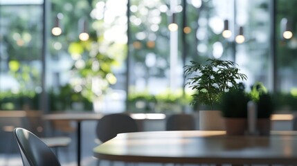 Poster - A serene café interior featuring plants, natural light, and wooden tables for relaxation.