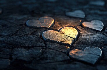 Fototapete - A close-up of illuminated heart shapes on a textured surface, evoking love and warmth.