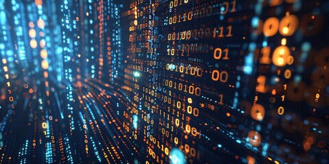 A dynamic blue and orange tech background filled with flowing binary sequences