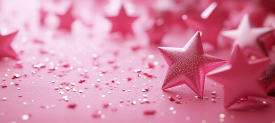 Leinwandbilder - A festive arrangement of pink stars and glitter on a soft pink background.