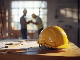 Aufkleber - A construction site with a yellow hard hat on a table and workers discussing in the background.