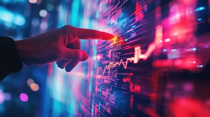Fototapete - A hand interacts with a digital interface displaying colorful data visualizations.