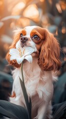 Poster - A dog holds a white flower in its mouth, surrounded by lush greenery and warm lighting.