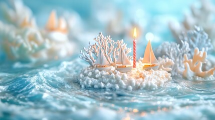 Aufkleber - A serene miniature scene featuring boats, a candle, and coral on a tranquil water surface.