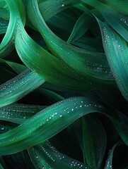 Aufkleber - A close-up of green, wavy plant leaves adorned with water droplets.