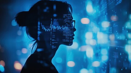 Fototapete - A silhouette of a person against a backdrop of data and digital elements.