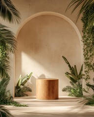 Aufkleber - A serene interior space featuring a cylindrical pedestal surrounded by lush greenery.