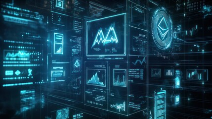 Fototapete - Futuristic digital interface displaying data analytics and cryptocurrency metrics.