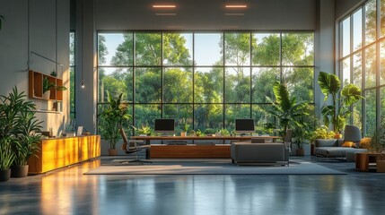 Wall Mural - Modern office, large windows, lush greenery, sunlight.