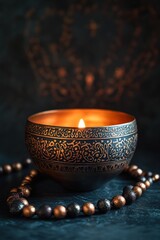 Poster - A decorative bowl with a candle, surrounded by beads, creating a serene atmosphere.