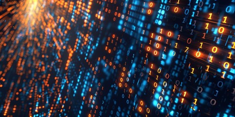A dynamic blue and orange tech background filled with flowing binary sequences