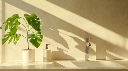 Poster - A minimalist bathroom scene featuring a plant, soap dispenser, and sleek faucet with sunlight.