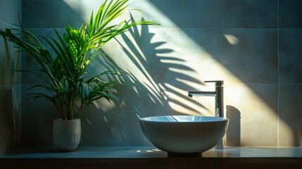 Poster - A serene bathroom scene with a plant and a modern sink, emphasizing tranquility and design.