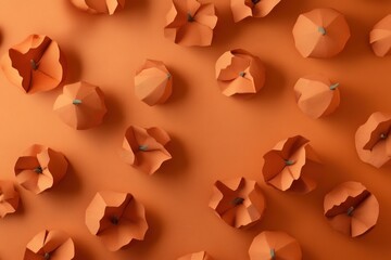 Poster - A collection of orange paper shapes resembling pumpkins on an orange background.