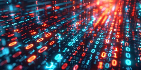 A digital binary code interwoven with a technology based background.