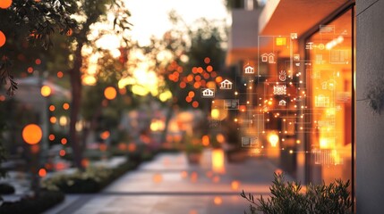 Poster - A futuristic urban scene with digital icons overlaying a modern building.