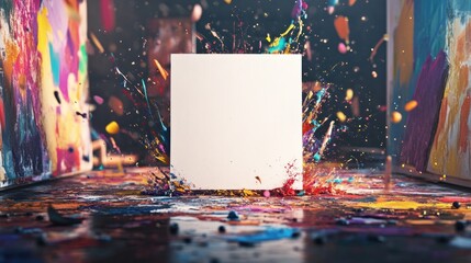 Aufkleber - A white cube surrounded by vibrant splashes of paint in an artistic setting.