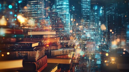 Aufkleber - A stack of books against a vibrant city skyline, blending knowledge with urban life.