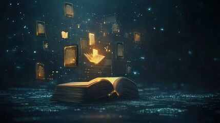 Poster - An open book surrounded by floating digital pages, symbolizing knowledge and technology.