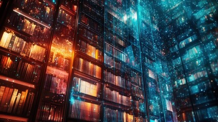 Aufkleber - A futuristic library filled with glowing books and digital effects.