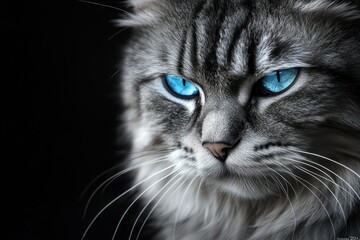 Poster - A close-up of a cat with striking blue eyes and detailed fur.