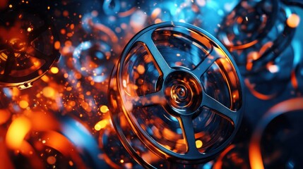 Poster - A vibrant, abstract depiction of metallic wheels amidst glowing particles and dynamic colors.