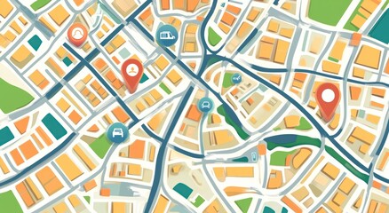 Aufkleber - A colorful city map with icons indicating various locations and services.