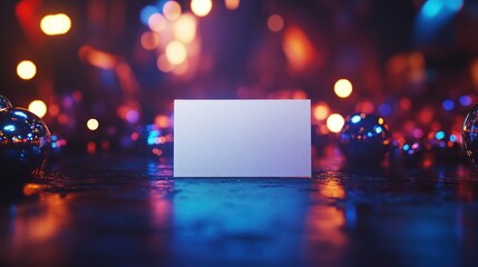 Fototapete - A blank card surrounded by colorful bokeh lights and reflective spheres.