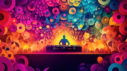 Aufkleber - A vibrant digital artwork depicting a DJ performing in a colorful, abstract environment.
