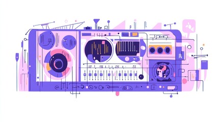 Fototapete - A colorful illustration of a vintage audio mixer with various controls and visual elements.