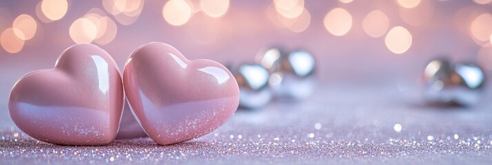 Leinwandbilder - Two pink heart-shaped decorations on a sparkling surface with soft bokeh lights in the background.