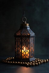 Aufkleber - A decorative lantern casting a warm glow, surrounded by golden beads, creating a cozy ambiance.