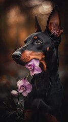 Poster - A Doberman holding a purple orchid in its mouth, set against a soft, blurred background.