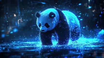 Poster - A glowing panda walking through a shimmering, water-filled environment.