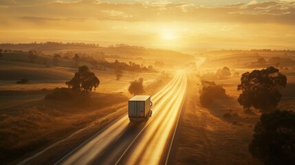 Aufkleber - A truck drives along a winding road at sunset, surrounded by serene countryside.