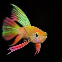 Poster - A vibrant, colorful fish swimming gracefully against a dark background.