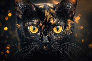 Poster - A close-up of a tortoiseshell cat with striking golden eyes against a dark, sparkly background.