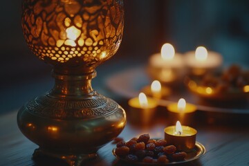 Aufkleber - A warm, inviting scene featuring a decorative lamp and candles, creating a cozy atmosphere.