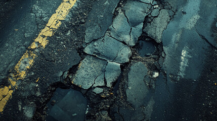 Damaged road surface with deep pothole.