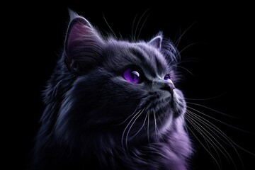 Poster - A close-up portrait of a regal cat with striking purple eyes against a dark background.