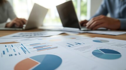 Poster - Business meeting with charts, graphs, and laptops on a table.