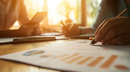 Aufkleber - A close-up of hands analyzing graphs and data during a business meeting.