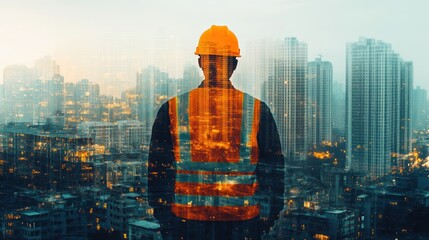 Poster - A construction worker overlooks a cityscape, symbolizing urban development and industry.