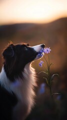 Poster - A dog curiously sniffs a flower during a serene sunset, capturing a moment of nature's beauty.