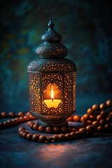Aufkleber - A decorative lantern with a candle, surrounded by wooden beads, creating a serene ambiance.